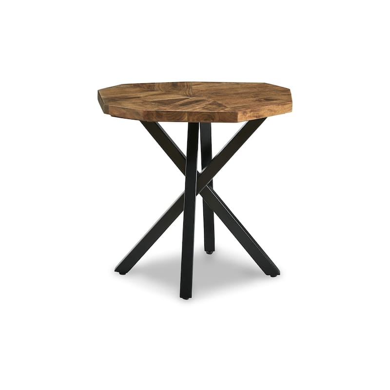 28 Inch End Table, Starburst Top, Black Metal, Live Edge Brown Acacia Wood