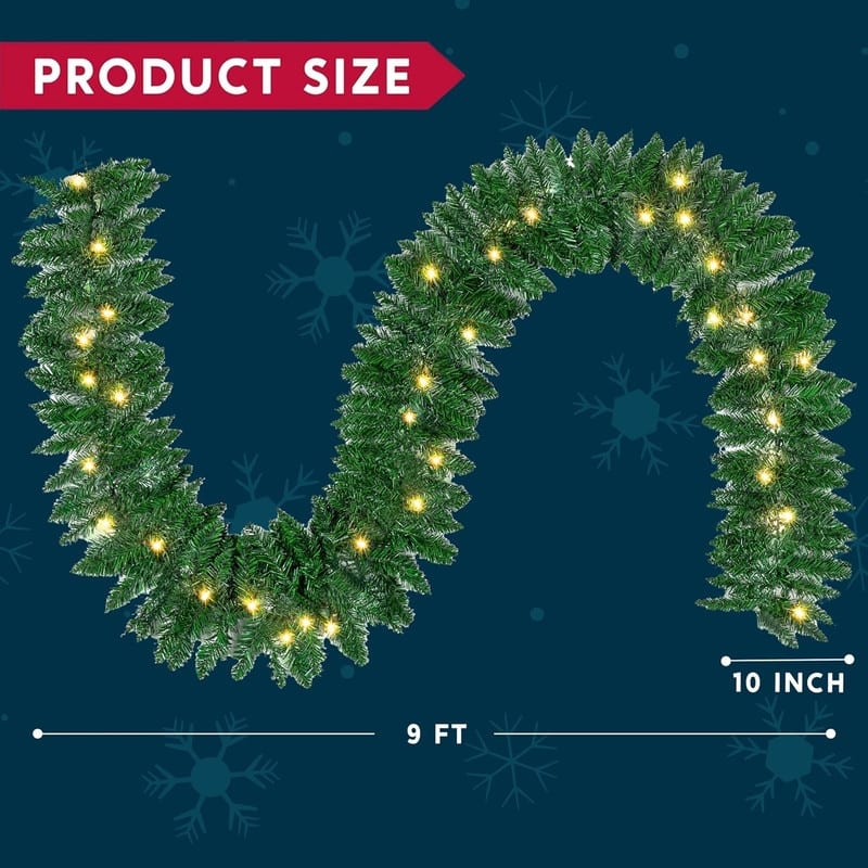 9 ft. Tall Green Plastic Prelit Artificial Christmas Garland with 50 LED Lights