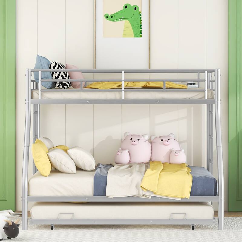 Bed with Sturdy Steel Frame, Bunk Bed with Trundle, Two-Side Ladders