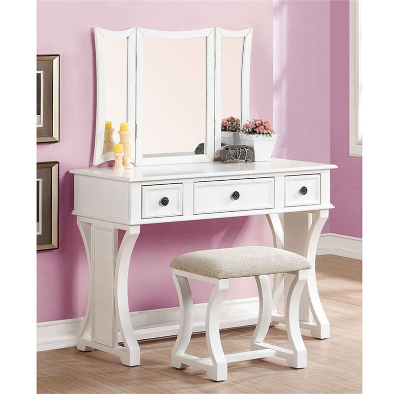 Modern Bedroom Vanity Set w Stool Foldable Mirror Drawers - White