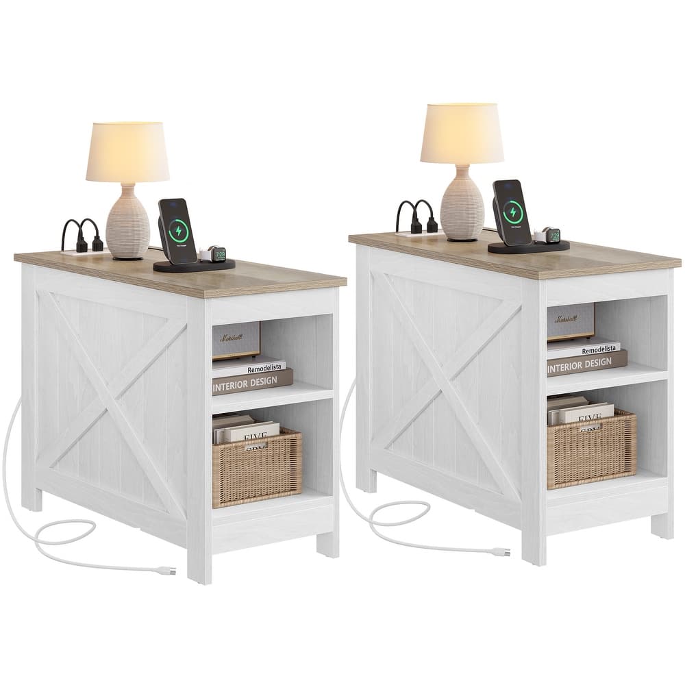 Moasis Set of 2 End Table with Charging Station Side Table with Storage, 2 Power Outlets & 2 USB Ports