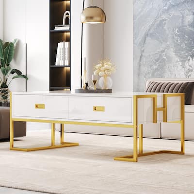 Modern Rectangular Coffee Table with 4 Drawers and Gold Base in 47.3"
