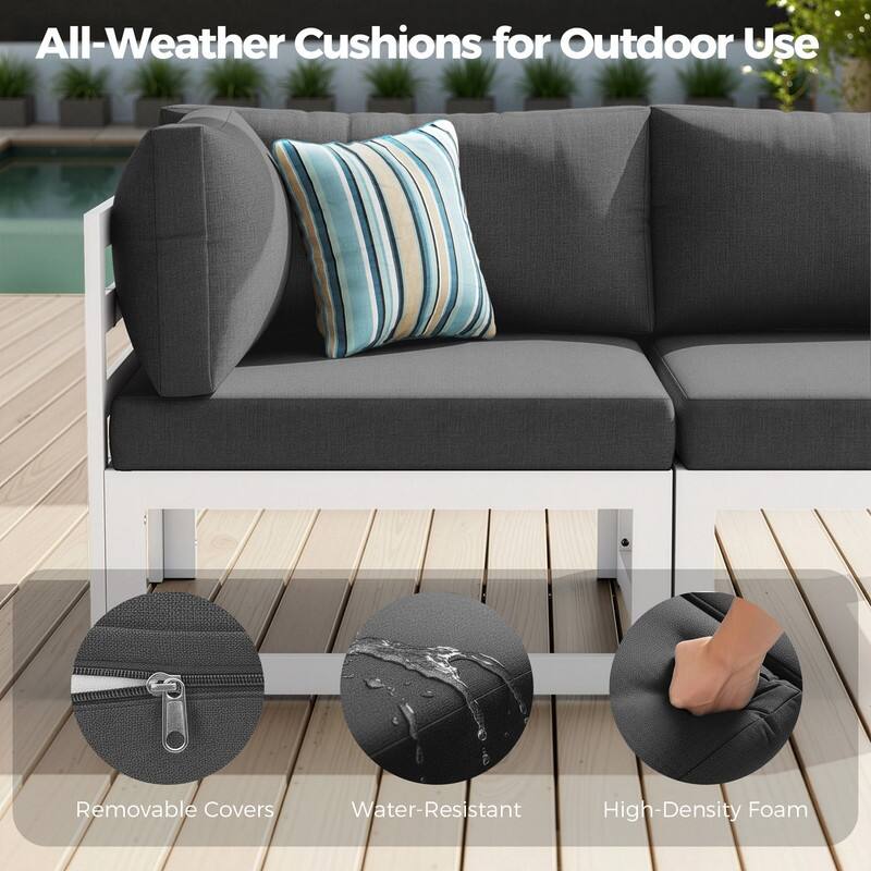 7 Piece Aluminum Patio Furniture Set with Fire Pit Propane/Gas, 29 inch Deep Wide Seat Aluminum Outdoor Sectional