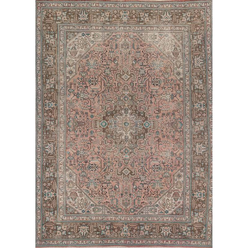Distressed Tabriz Persian Vintage Rug Hand-Knotted Pink Wool Carpet - 8'2" x 11'1"