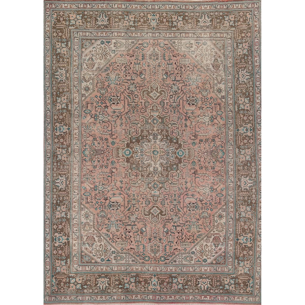 Distressed Tabriz Persian Vintage Rug Hand-Knotted Pink Wool Carpet - 8'2" x 11'1"