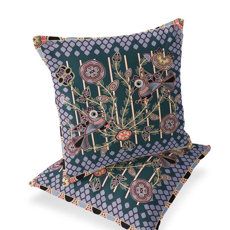 HomeRoots Set of Two 16" X 16" Green and Pink Peacock Blown Seam Floral Indoor Outdoor Throw Pillow - 16.00' X '16.00' X '5.00