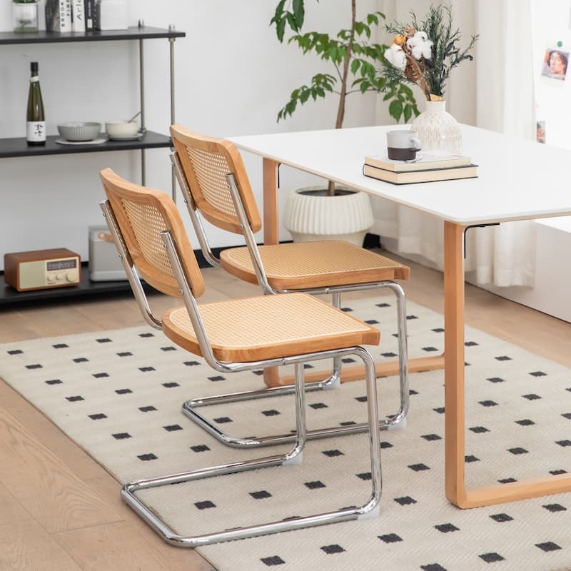 Dining Chairs Set of 2, Velvet Rattan Side Accent Chairs with Chrome Legs, Modern Mid Century Breuer Designed Chairs