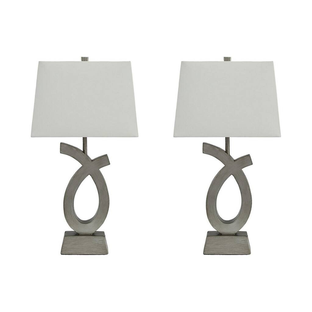 Scrolled Resin Table Lamp with Rectangular Shade, Set of 2, Gray and White