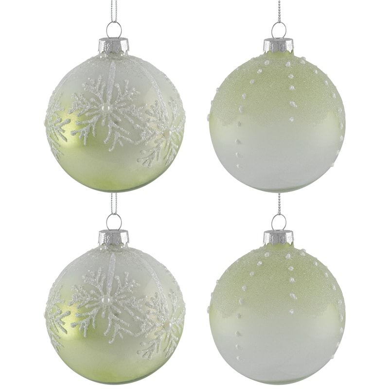 Snowflakes Shiny Glass Ball Christmas Ornaments - 3" (80mm) - Green and White - 4ct