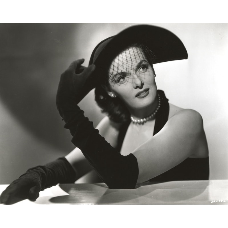 Jane Russell Portrait in Black Velvet Halter Dress and Velvet Gloves with  Black Lace Hat and Pearl Earrings Photo Print - Bed Bath & Beyond - 25397049
