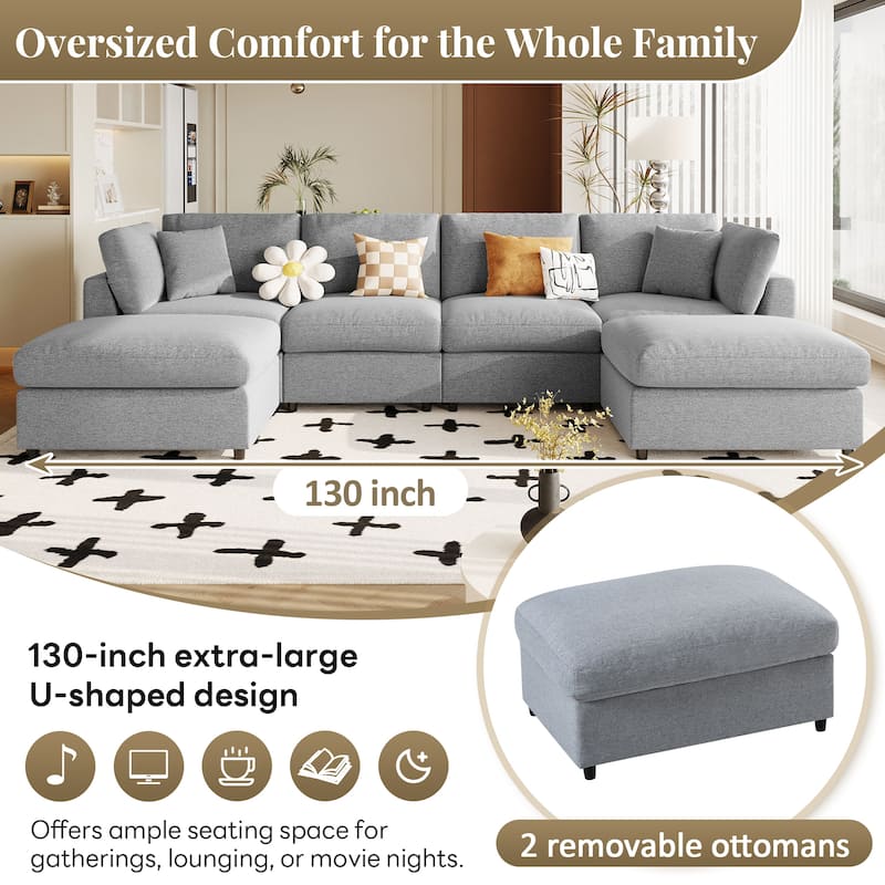 U-Shaped Modular Design Chenille Fabric Sectional Sofa with 2 Movable Ottomans