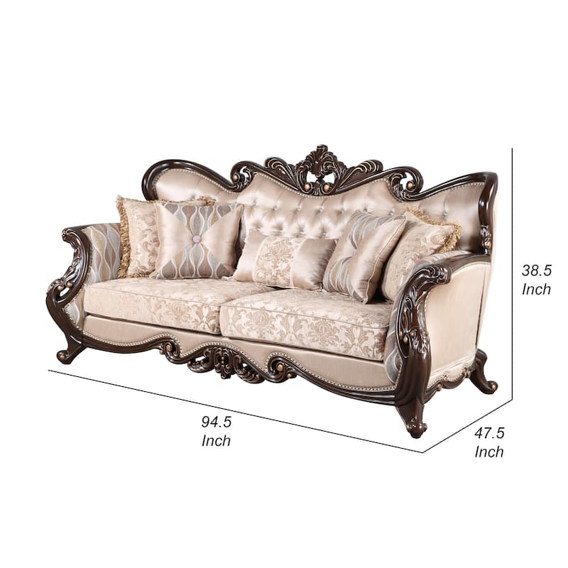Cona 95 Inch Sofa, Classic Gold Carved Details, Brown, Button Tufted Beige