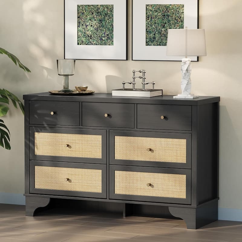 Dresser for Bedroom with 7 Drawers, Wide Chest of Drawers with Rattan Fronts and Sturdy Base for Entryway or Hallway