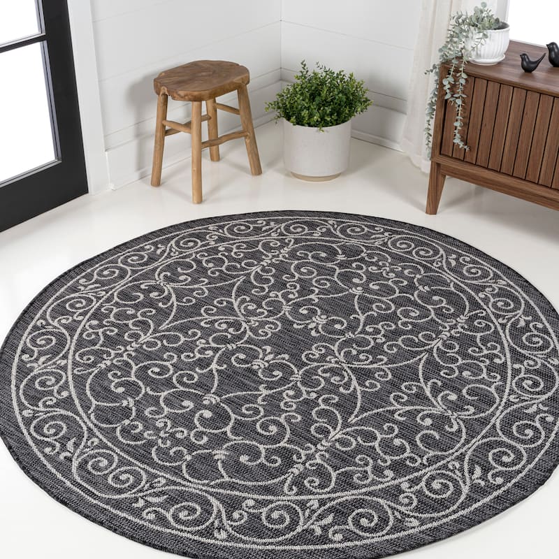 JONATHAN Y Filigree Textured Weave Indoor/Outdoor Area Rug - 9' Round - Black/Gray
