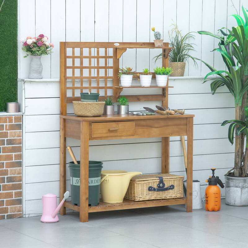 Wood Outdoor Potting Table with Trellis Panel and Multi-Storage Drawer, Waterproof Garden Workbench Table