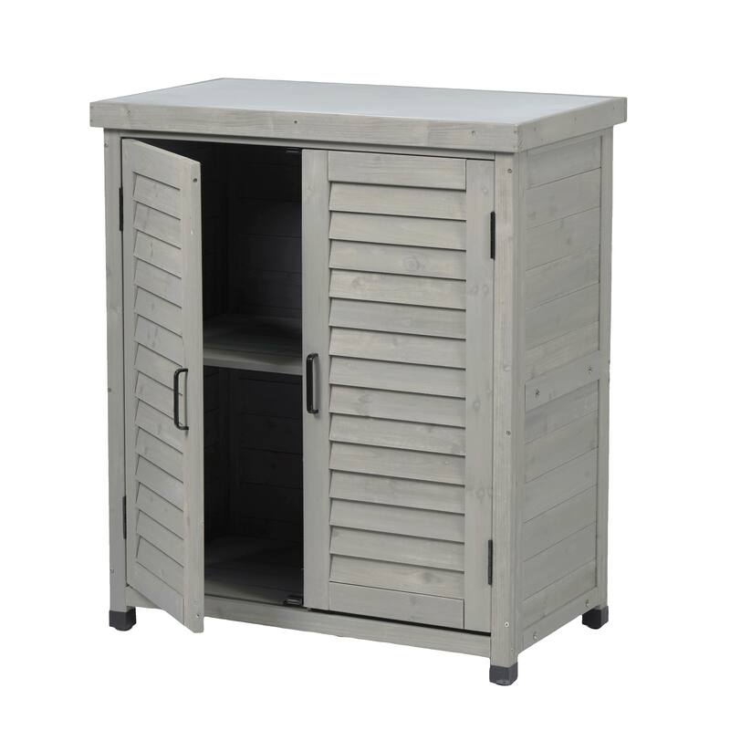 GDF Studio - Outdoor Wooden Potting Bench with Metal Tabletop Workstation and Storage Cabinet