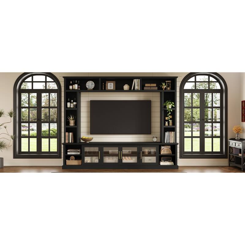 Wall Unit Entertainment Center for TVs up to 80", All-in-One TV Stand with Bookshelves, Glass Doors, Media Console with Shelving