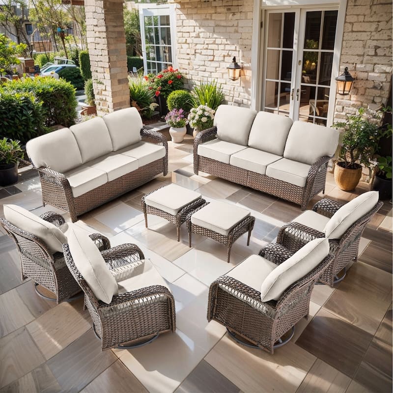 Pocassy Swivel Chair with Outdoor Sofa Ottoman Funiture Set. - Brown Wicker Beige Cushion - 8-Piece Sofa Swivel Chair with Ottoman