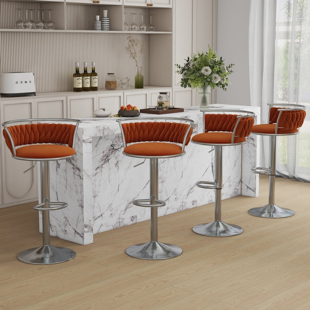 4 Set Velvet Adjustable Swivel Bar Stools With Backs