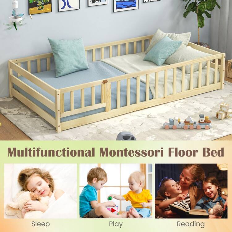 Twin Size Kids Wood Montessori Floor Bed with Door and Fence