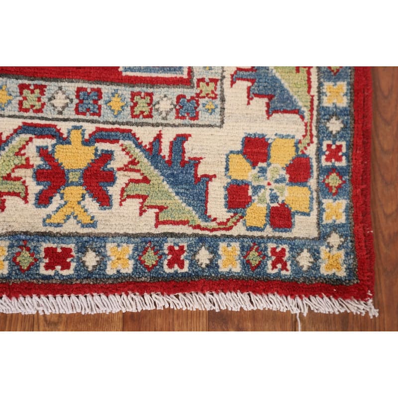 Traditional Kazak Foyer Rug Handmade Red Geometric Wool Carpet - 3'5" x 5'1"