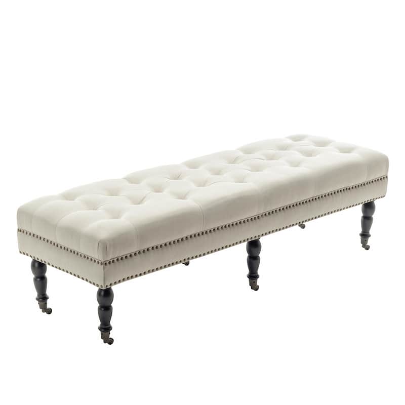 Porthos Home Juna Fabric Accent Bench with Rubberwood Legs and Wheels - Beige