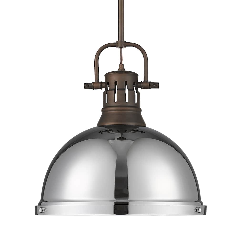 Yep by Golden Lighting Duncan 1-light 14in Rod Hung Pendant in Rubbed Bronze and Chrome shade