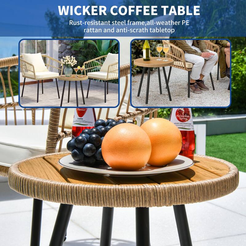 Moasis 3 Pieces Outdoor Wicker Rattan Patio Conversation Bistro Set