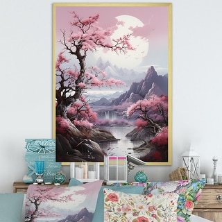 Designart "Japan Pink Cherry Blossom Hill Landscape" Flowers Framed ...