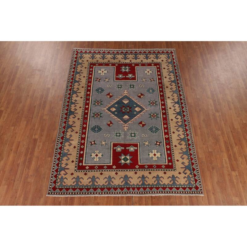 Gray Kazak Oriental Area Rug Dining Room Hand-Knotted Wool Carpet - 6'11" x 9'3"
