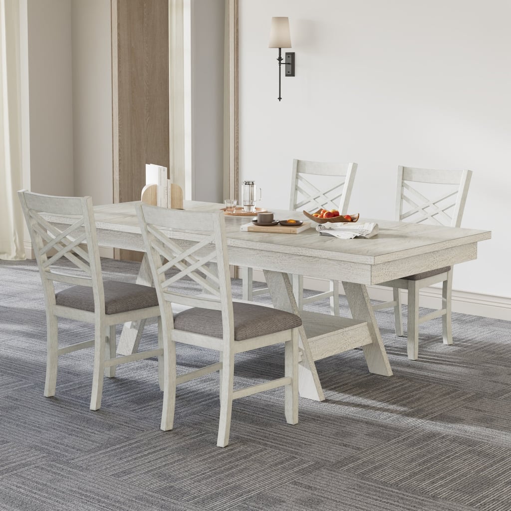 VECELO 5/7-Piece Dining Table Set, Solid Wood Rectangular Extendable Dining Table & 4 Solid Wood Dining Chairs