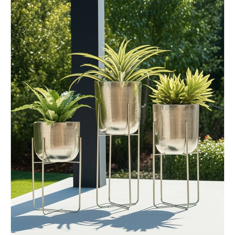 Metal Planters Hammered Design Modern Geometric Stands (Set of 3) - Silver - 10.25" x 10.25" x 27"