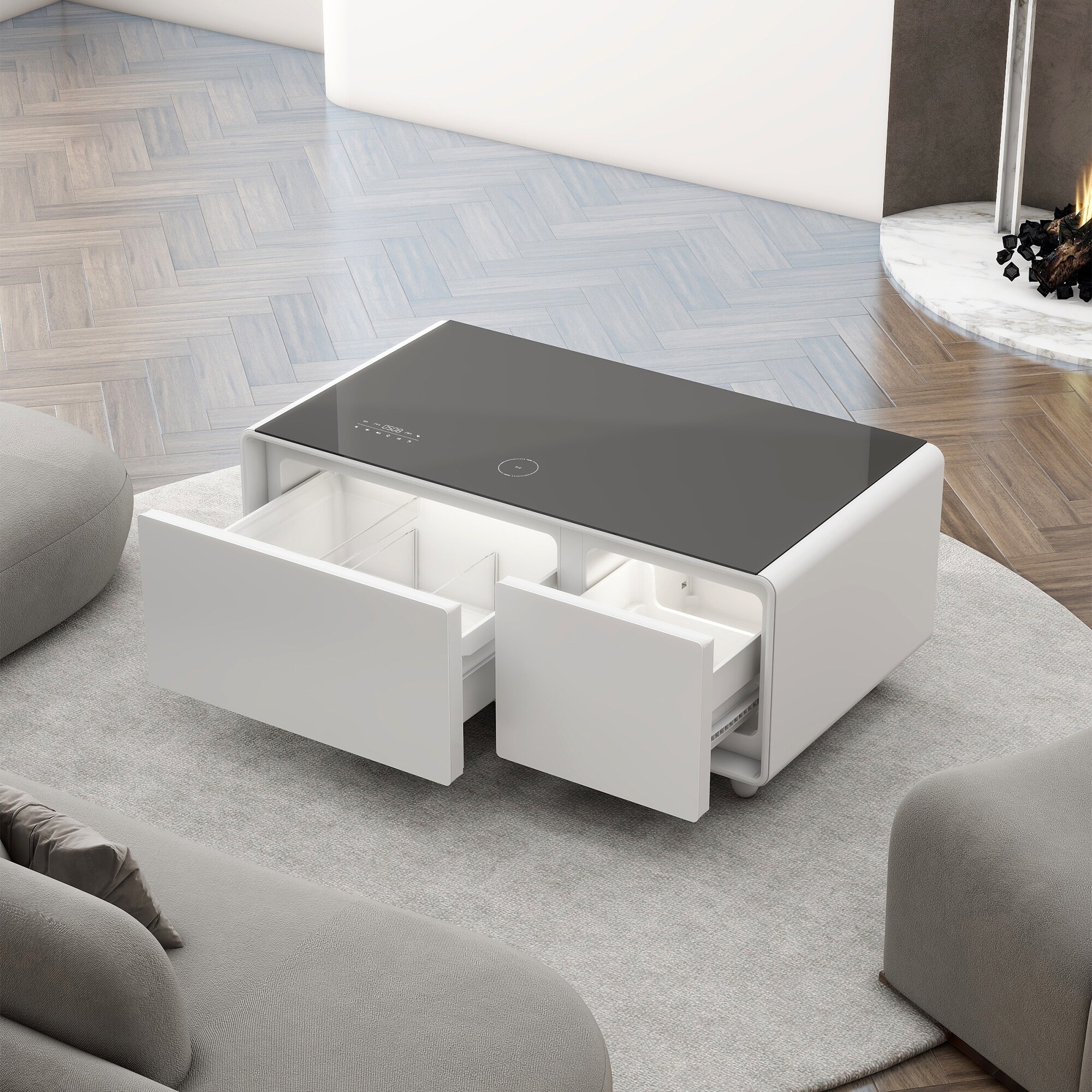 High Tech Coffee Table with Dual Zone Fridge Bluetooth Speaker Wireless Charger and RGB Lights Bed Bath Beyond 42142211
