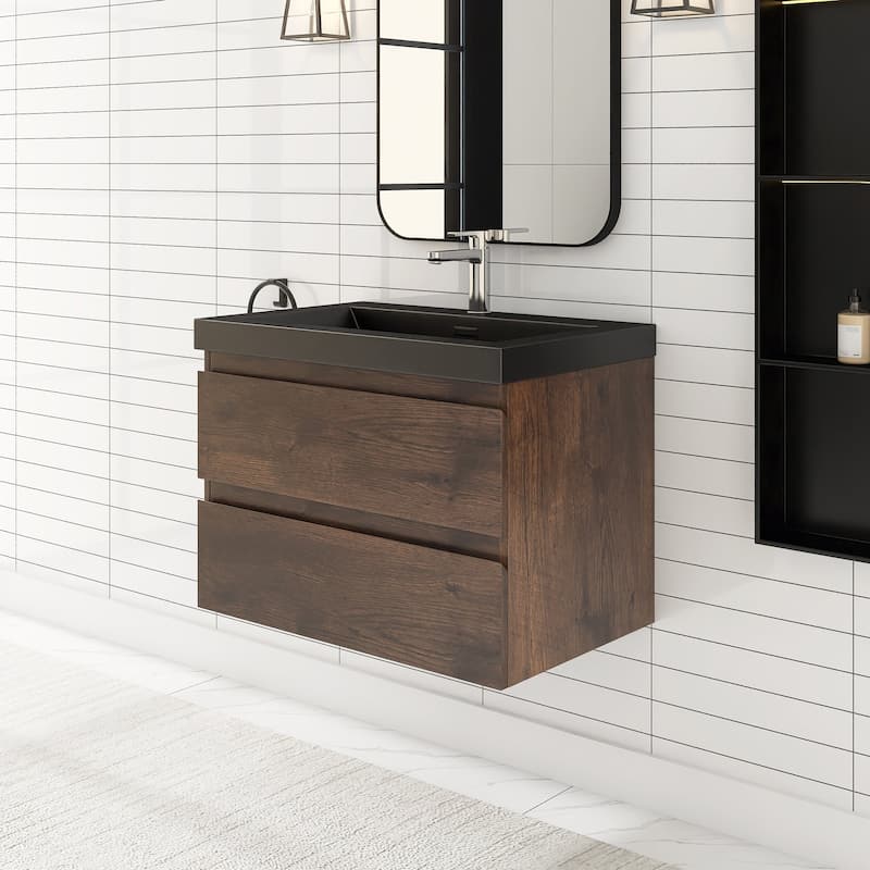 24/30/36 inch Wall-Mounted Bathroom Vanity Set in Rose Wood with Integrated Black Resin Sink