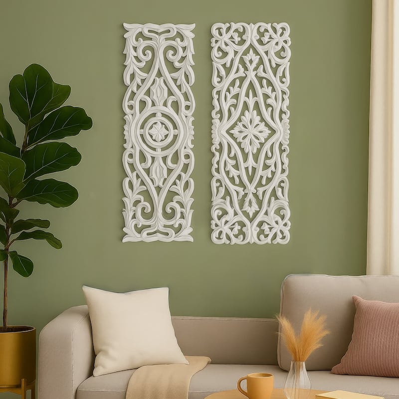 Ozy Carved Wall Art Panel Set of 2 Handcrafted Ornate Decor Distressed White Wood, 16x48 - White