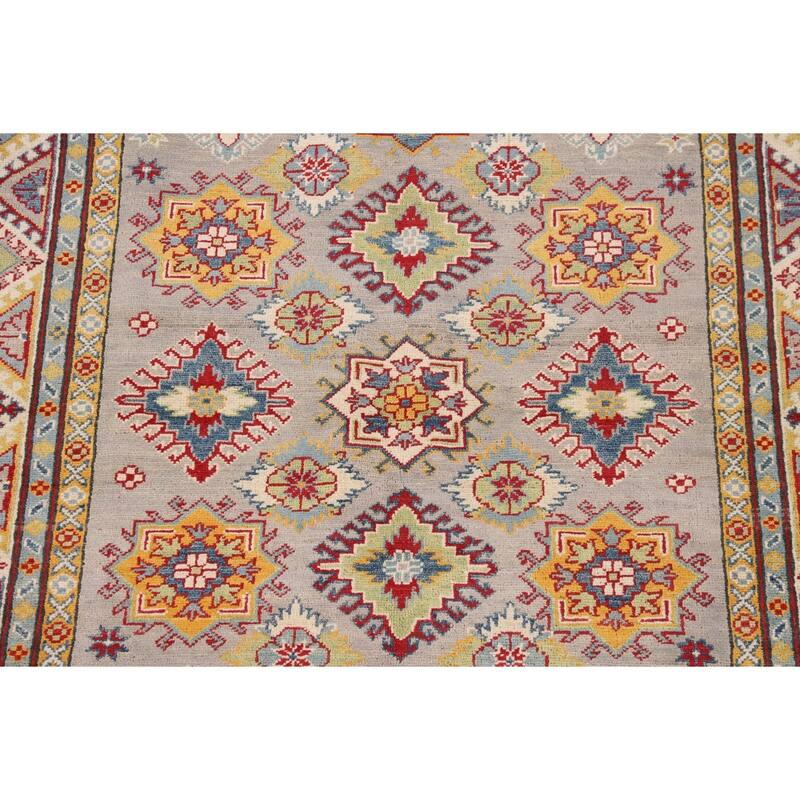 Grey Geometric Kazak Oriental Area Rug Hand-Knotted Wool Carpet - 5'1" x 6'7"