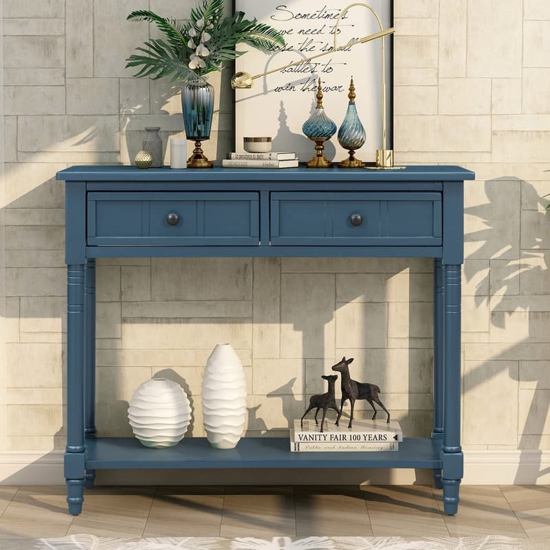 Narrow Console Table, Traditional Pine Wood Design with 2 Drawers and Bottom Shelf for Living Spaces