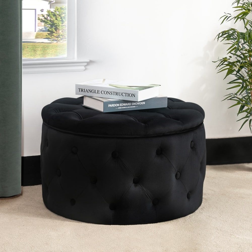 Adeco Round Velvet Button Tufted Storage Ottoman Footrest Footstool