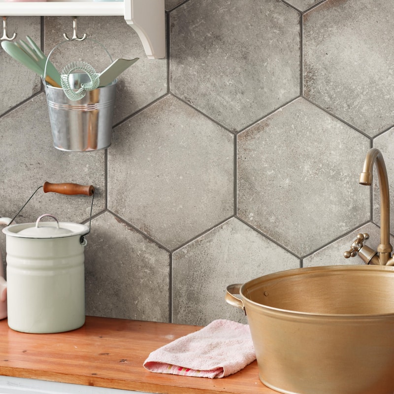 Merola Tile D'Anticatto Hex Grigio 11" x 12-3/4" Porcelain Floor and Wall Tile - Case (15 Tiles)