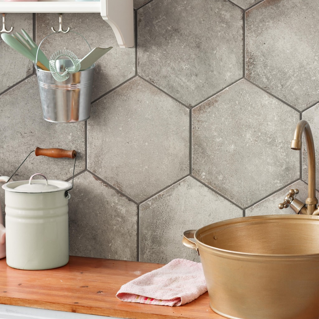 Merola Tile D'Anticatto Hex Grigio 11" x 12-3/4" Porcelain Floor and Wall Tile