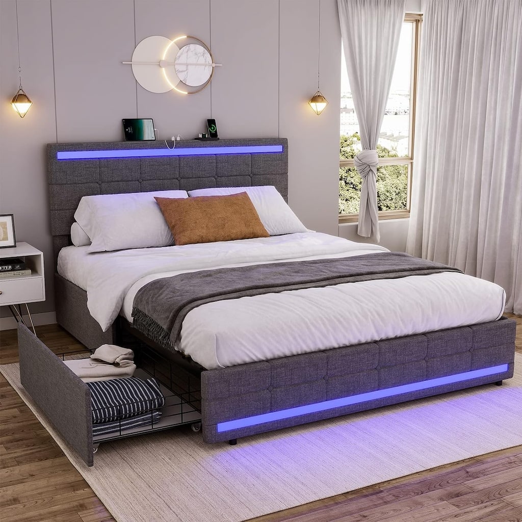 LED Bed Frame Platform Bed 2 USB Ports 4 Storage Drawers