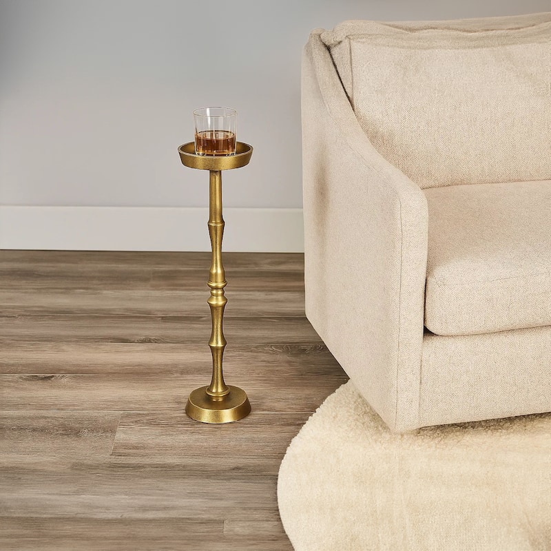 26 Inch Side End Drink Table, Turned Pedestal Metal Base, Round Top, Oxidized Brass