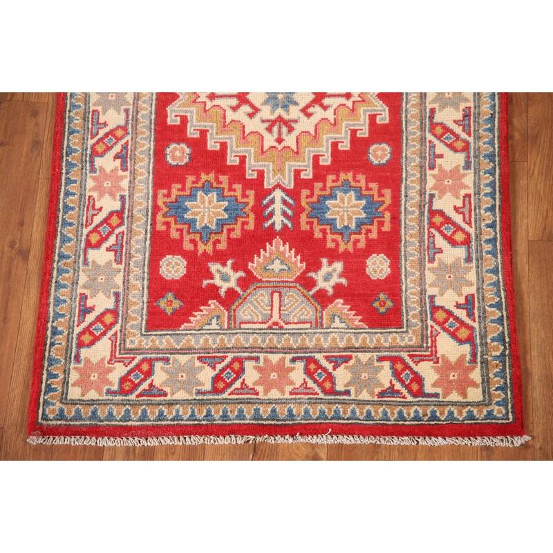Geometric Red Kazak Oriental Accent Rug Handmade Wool Carpet - 2'9"x 4'2"