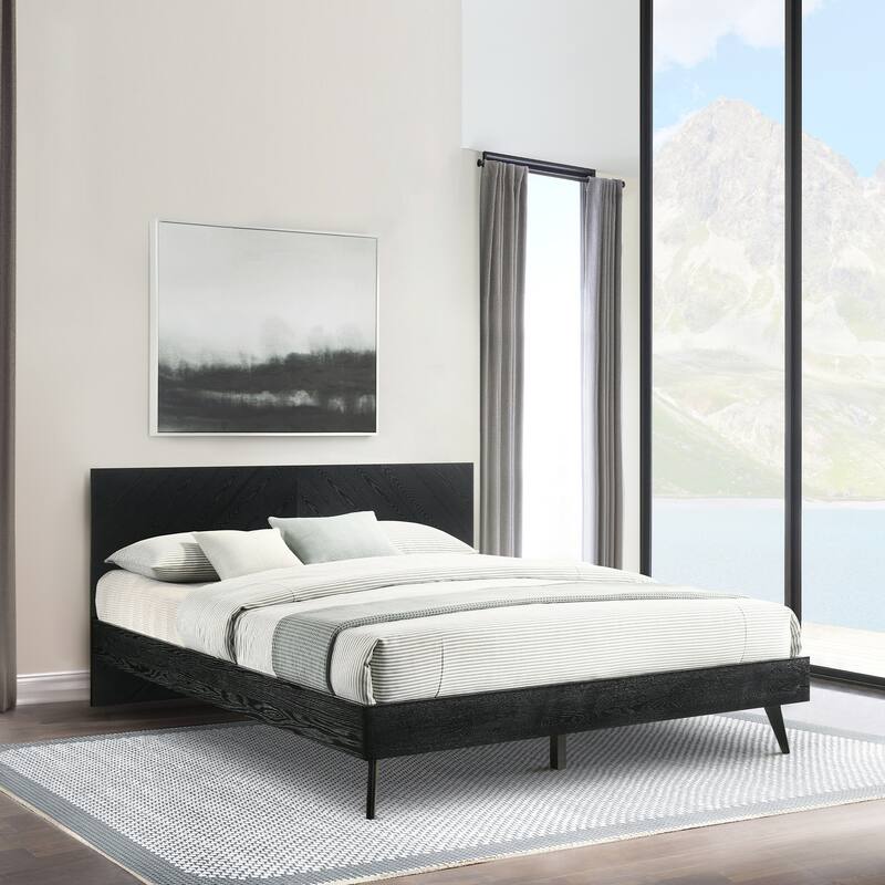 King Size Bed Frame Wood Platform Bed Modern Black Finish Bedroom Furniture