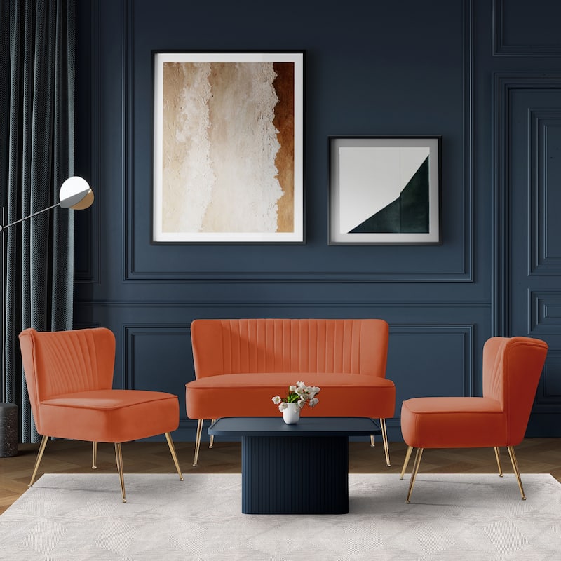 Farrah Upholstered Velvet Polyester Living Room Set With 25 inch Accent Chairs (3-Piece) - Orange - 3 Piece