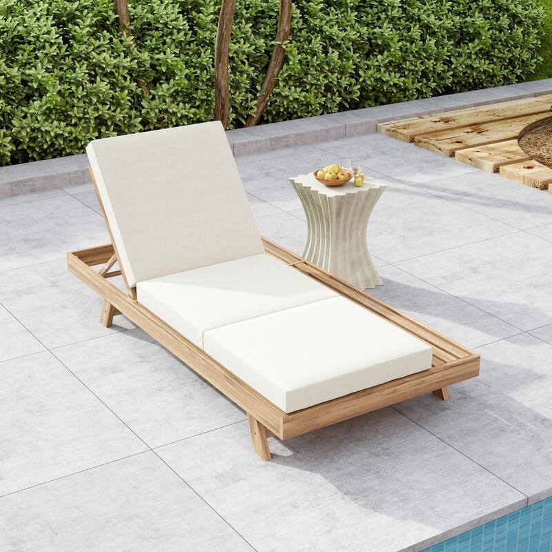 Outdoor Patio Acacia Wood Chaise Lounge Chair with Adjustable Backrest, Side Open Storage and Water-Repellent Cushions