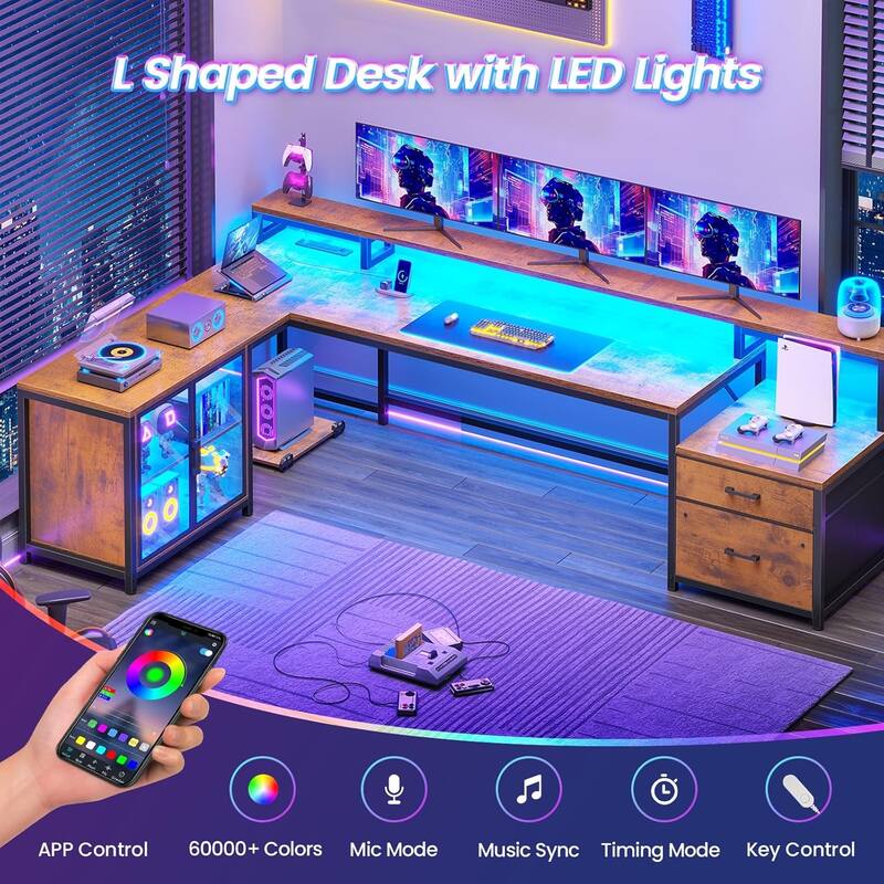 L Shaped Gaming Desk Drawers Computer Desk with Display Cabinet
