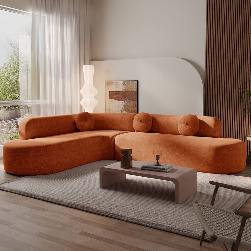 Modern Oversized Curved 4-Seater Sectional Sofa with 3 Round Pillows for Living Room - Orange