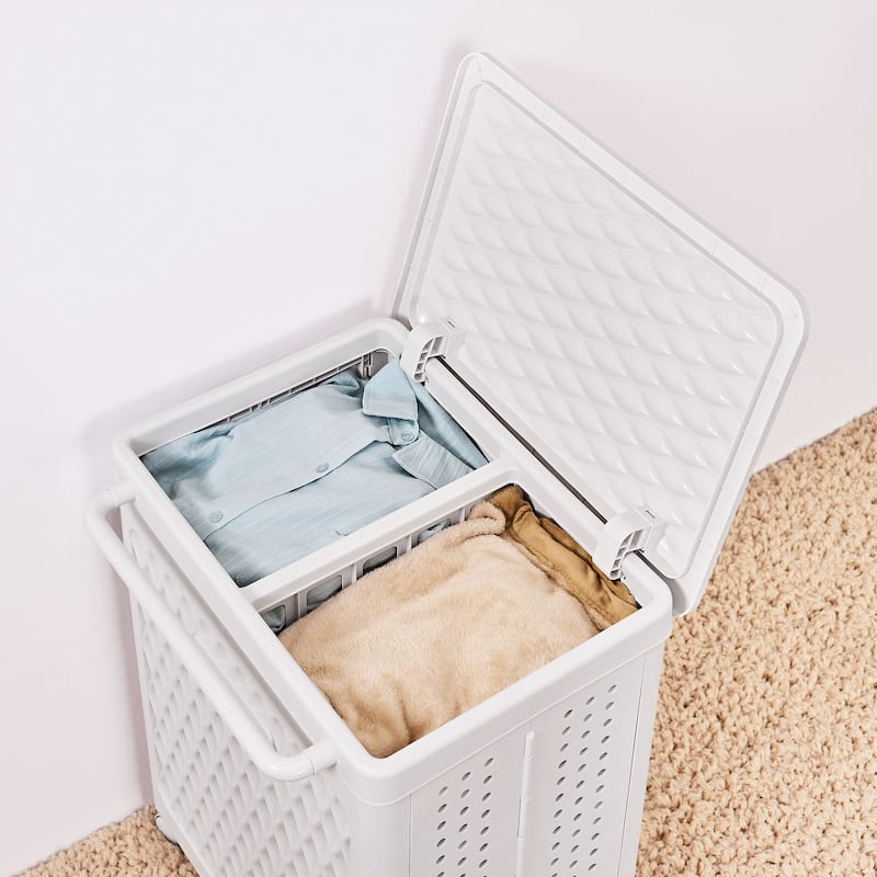 Javlergo White Rolling Laundry Hamper with Lid & Brakes 100L Dual Compartment Plastic Storage Cart with Wheels for Bathroom
