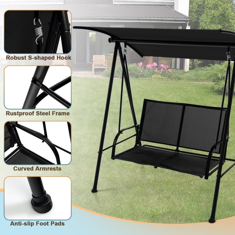 2-Seat Outdoor Canopy Swing with Comfortable Fabric Seat and Heavy-duty Metal Frame - 58" x 45" x 70"
